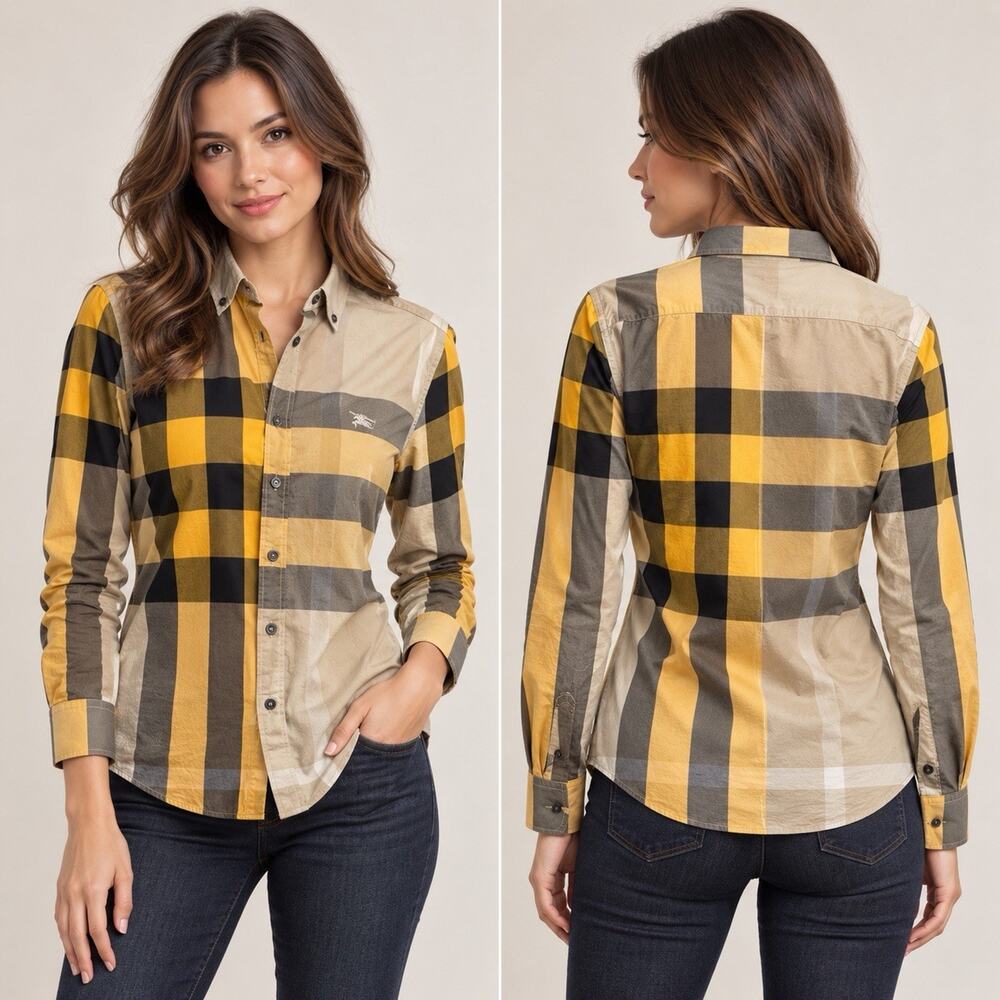 Burberry Brit Womens Yellow Gray Nova Check Long Sleeve Button Down Shirt L